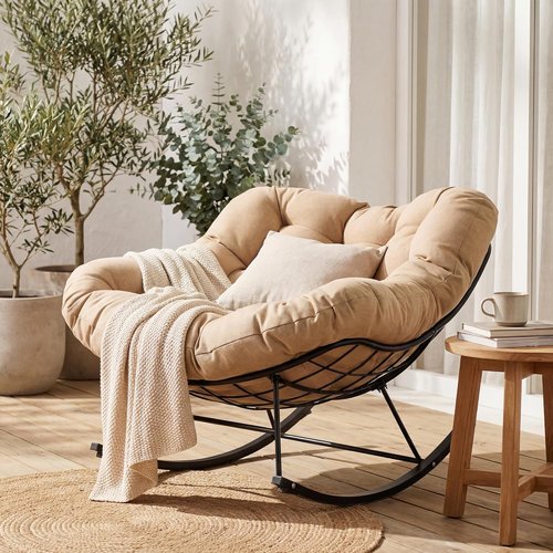 JEAREY Oversized Papasan Rocking Chair - Comfy Egg Chair for Patio, Garden, Living Room | Beige