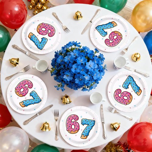 Greencian 50Pcs Donut 6 7 Birthday Paper Plates 9 Inch Disposable I was 6 Now I'm 7 Plates Sweet Donut Six Seven Theme Tableware Sets for Kids Boys Girls 6-7 Year Old Birthday Party Supplies Decor