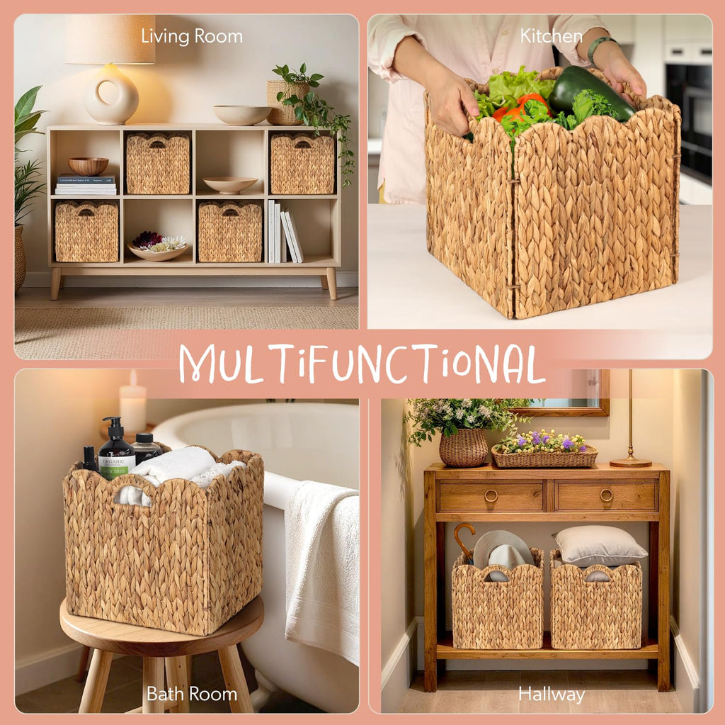 Set of 4 Foldable Scalloped Water Hyacinth Storage Cubes Basket, Storage Cube Bins -12"x12"x12", Collapsible Cube Organizers, Water Hyacinth Woven Bins for Bathroom, Bedroom, Laundry, Pantry, Shelves