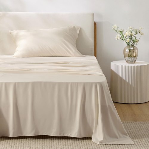 Bedsure Cooling Sheets - Twin XL Bamboo Rayon, Breathable & Soft, Deep Pocket Up to 16 Inches, Light Beige