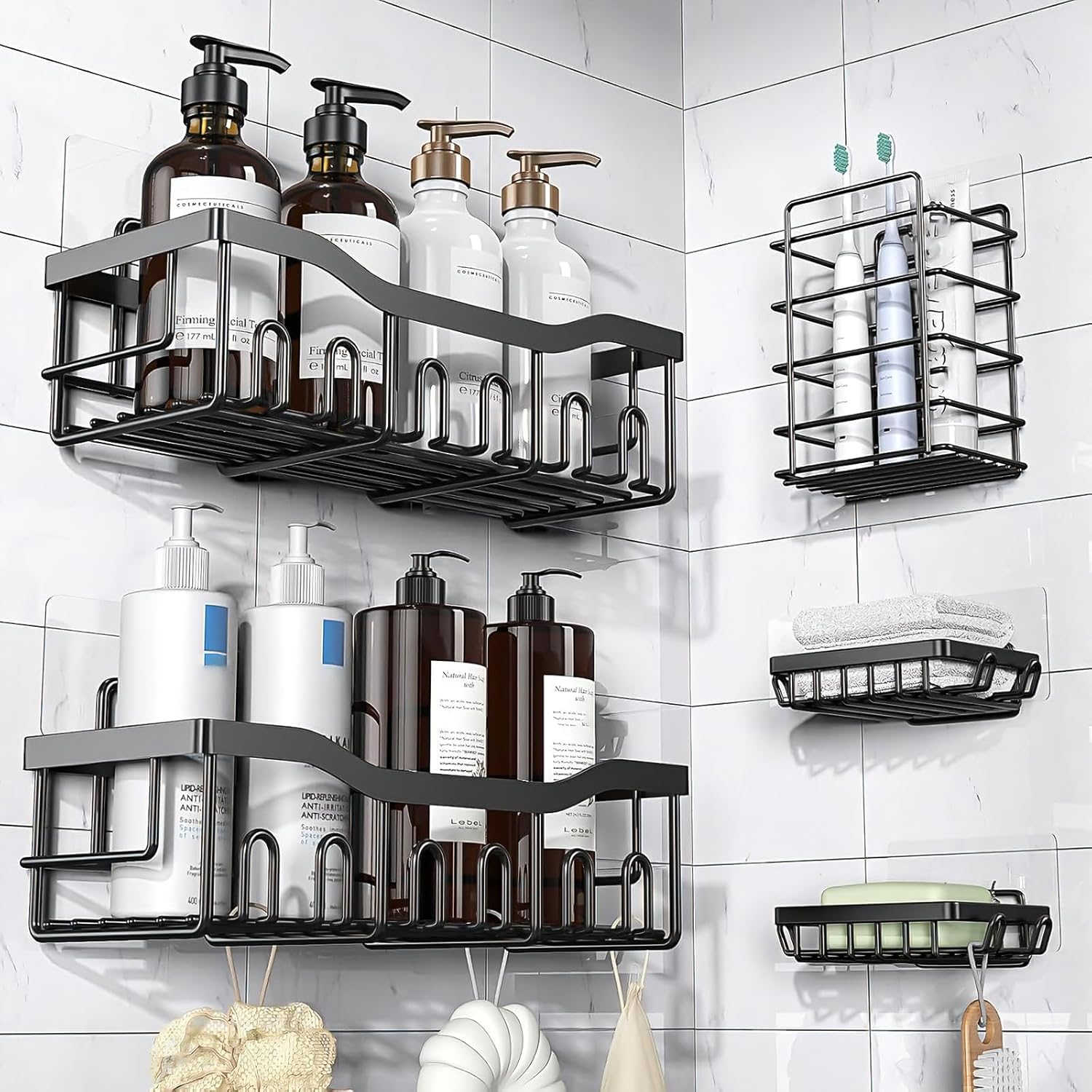 Skiennix Shower Caddy Adhesive Hooks - Strong Waterproof Strips for No-Drill Bathroom & Kitchen | 14 Pack, Transparent