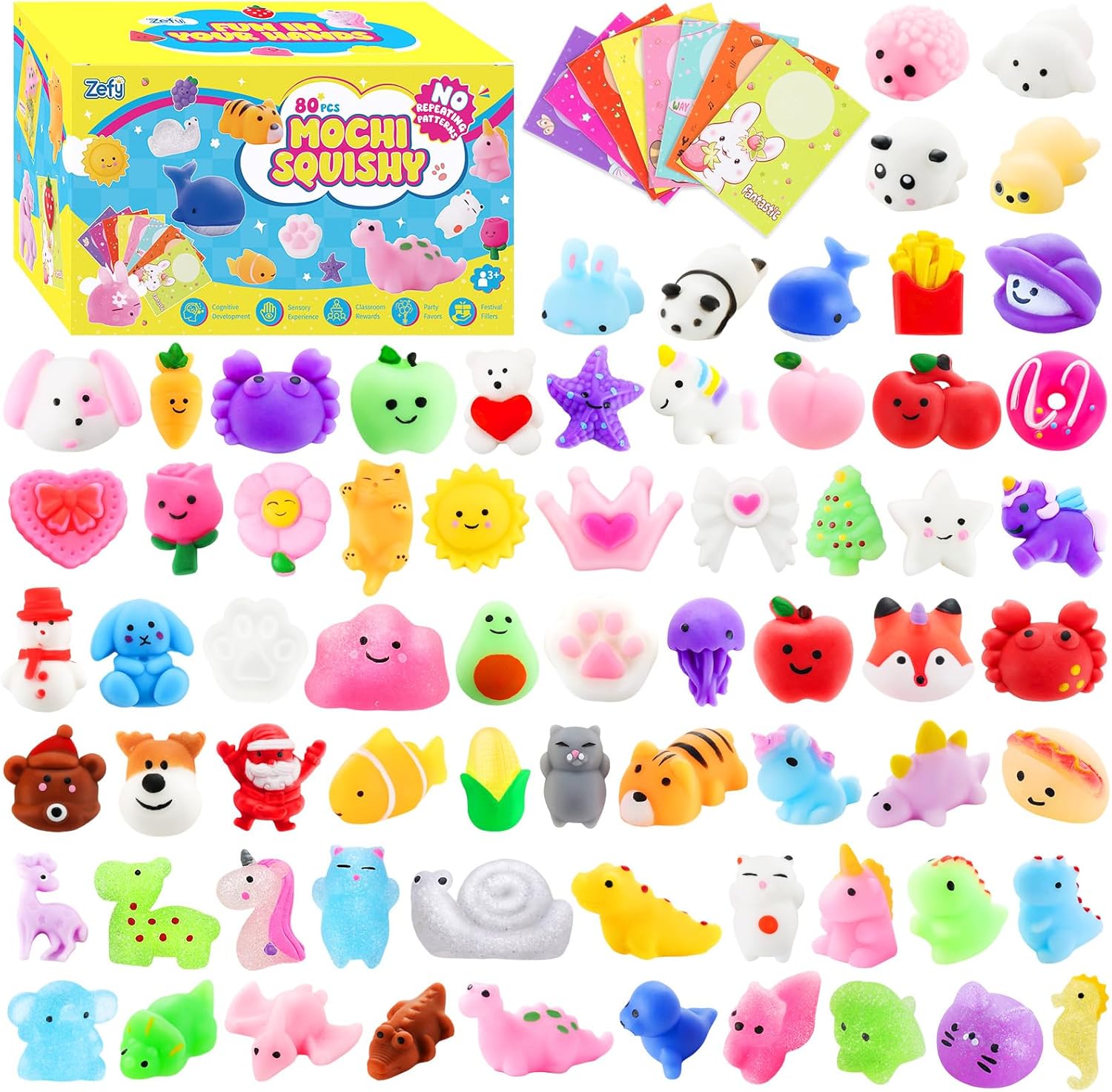 Zefy 80 Pcs Mochi Squishy Toys - Fun Fidget Toys for Kids | Perfect for Parties, Goodie Bags & Prizes