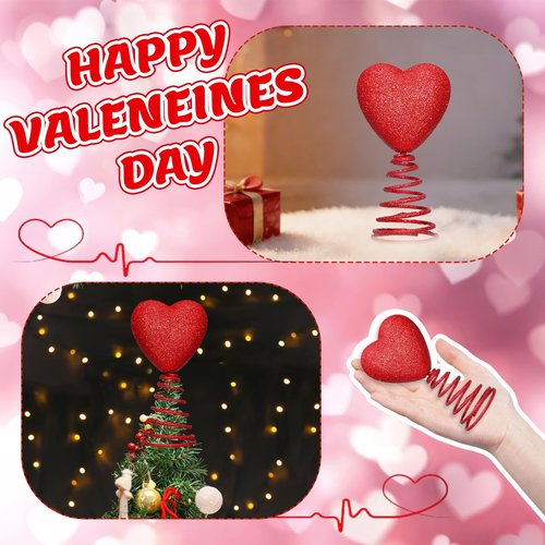 5 Inch Mini Valentine Day Hearts Tree Topper Glitter Tree Topper for Mini Trees Heart Decorations for Valentine's Day Party Holiday Ornament Home Decoration (Red)