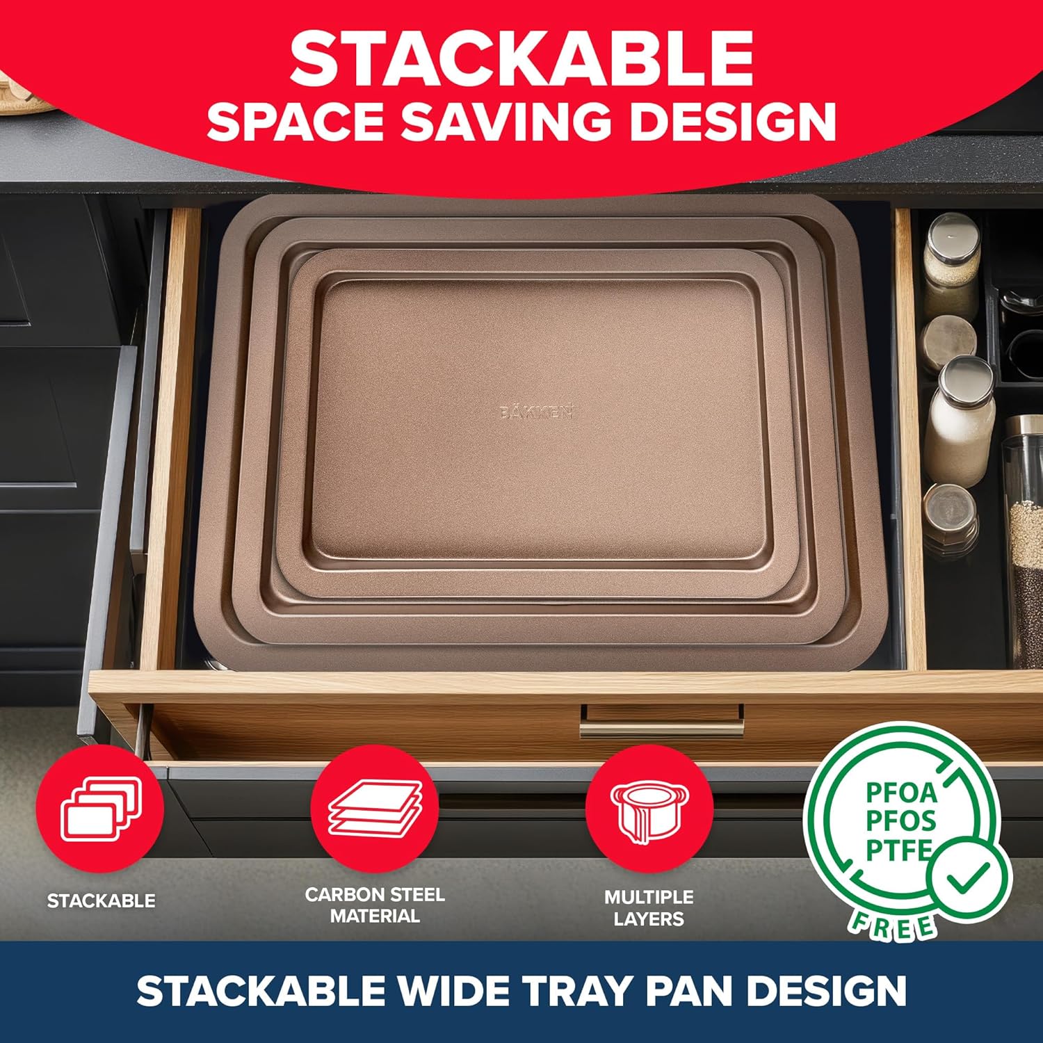 BAKKEN 3-Piece Nonstick Baking Pan Set - Small, Medium & Large Oven Safe Trays, Space-Saving Design, Brown