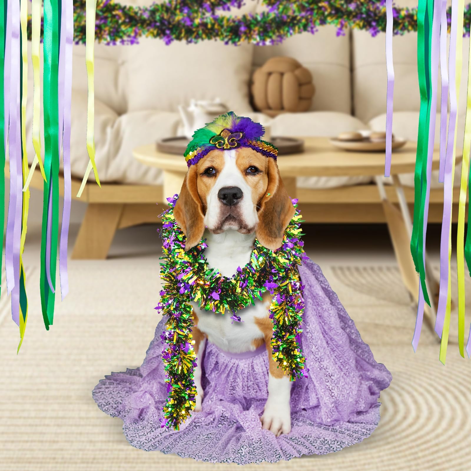 Mega-L Mardi Gras Tinsel Garland Decorations, 2 Pack 26.25Ft Green Gold Purple with Fleur-De-Lis Chunky Glittery Holiday Hanging Tinsel Decorations for Carnival Parade Car Party Supplies Home Decor