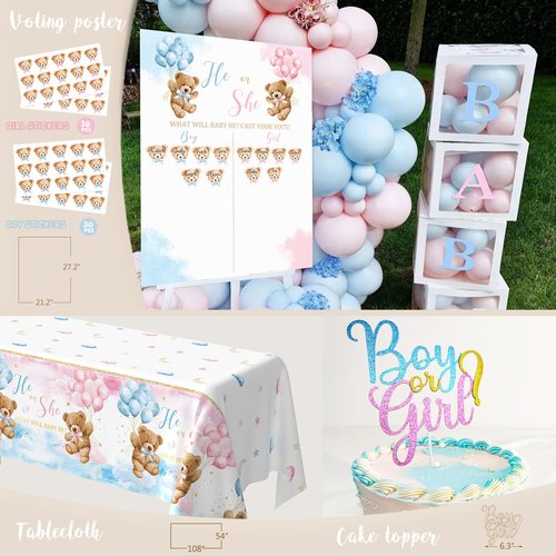 Bear Gender Reveal Decorations, He or She Baby Gender Reveal Party Decoration, Boy or Girl Bear Theme Party Supplies, Backdrop BABY-Box Tablecloth Mom to Be Sash Dad to Be Pin Balloon Arch