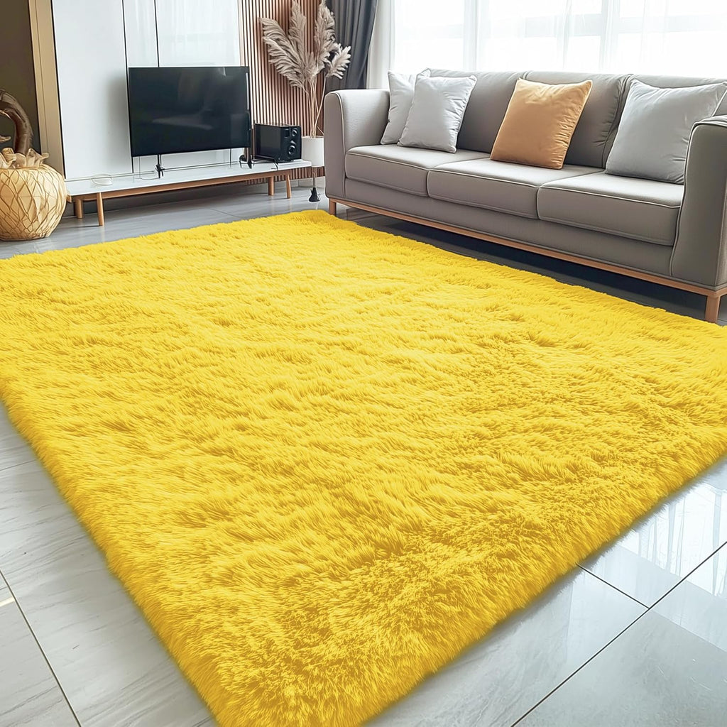 OLANLY Large 5x8 Machine Washable Area Rug - Soft Fluffy Shaggy Carpet for Living Room & Bedroom | Yellow