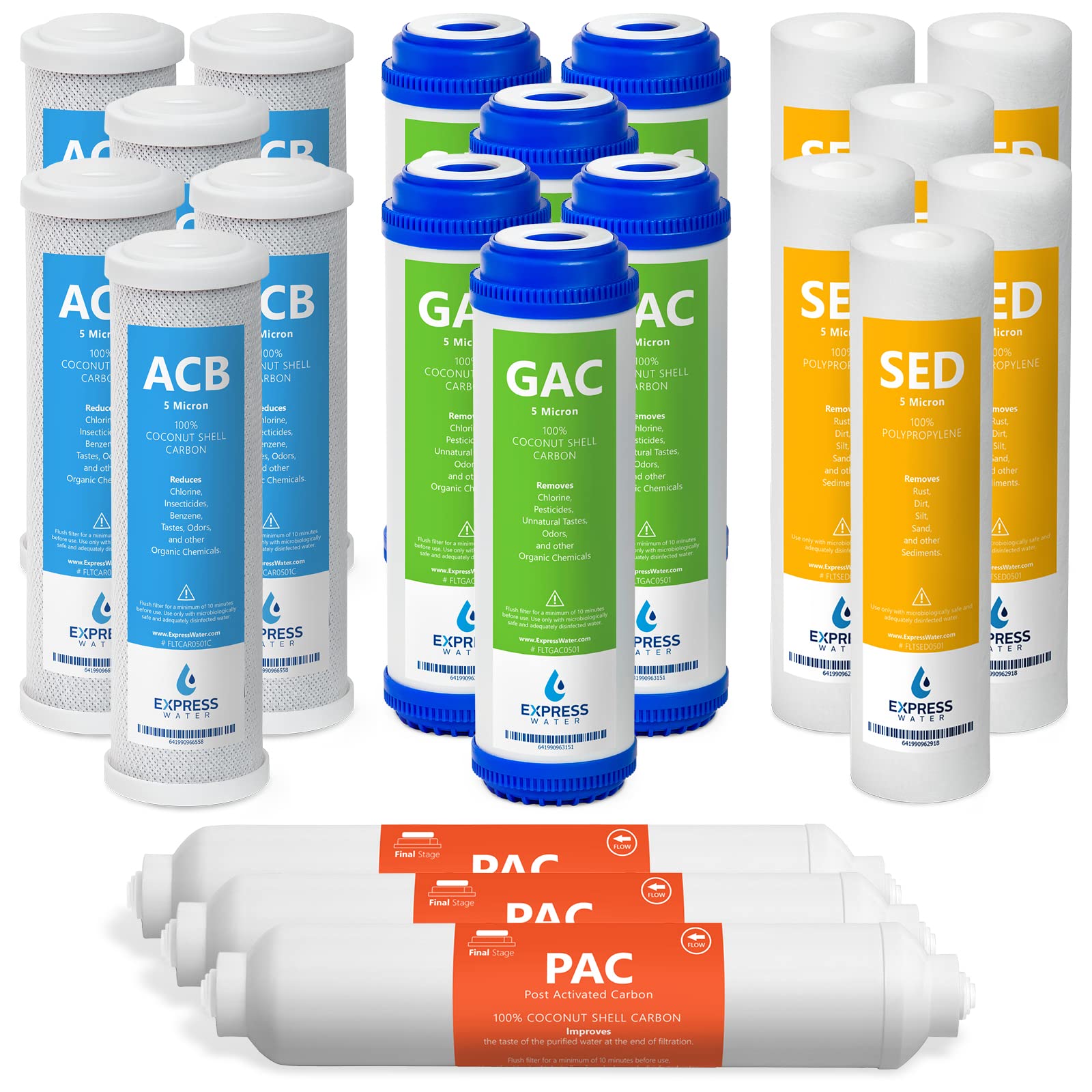 Express Water 3 Year Reverse Osmosis System Replacement Filter Set 21 Filters, Carbon GAC, ACB, PAC, Sediment SED 10 inch Size