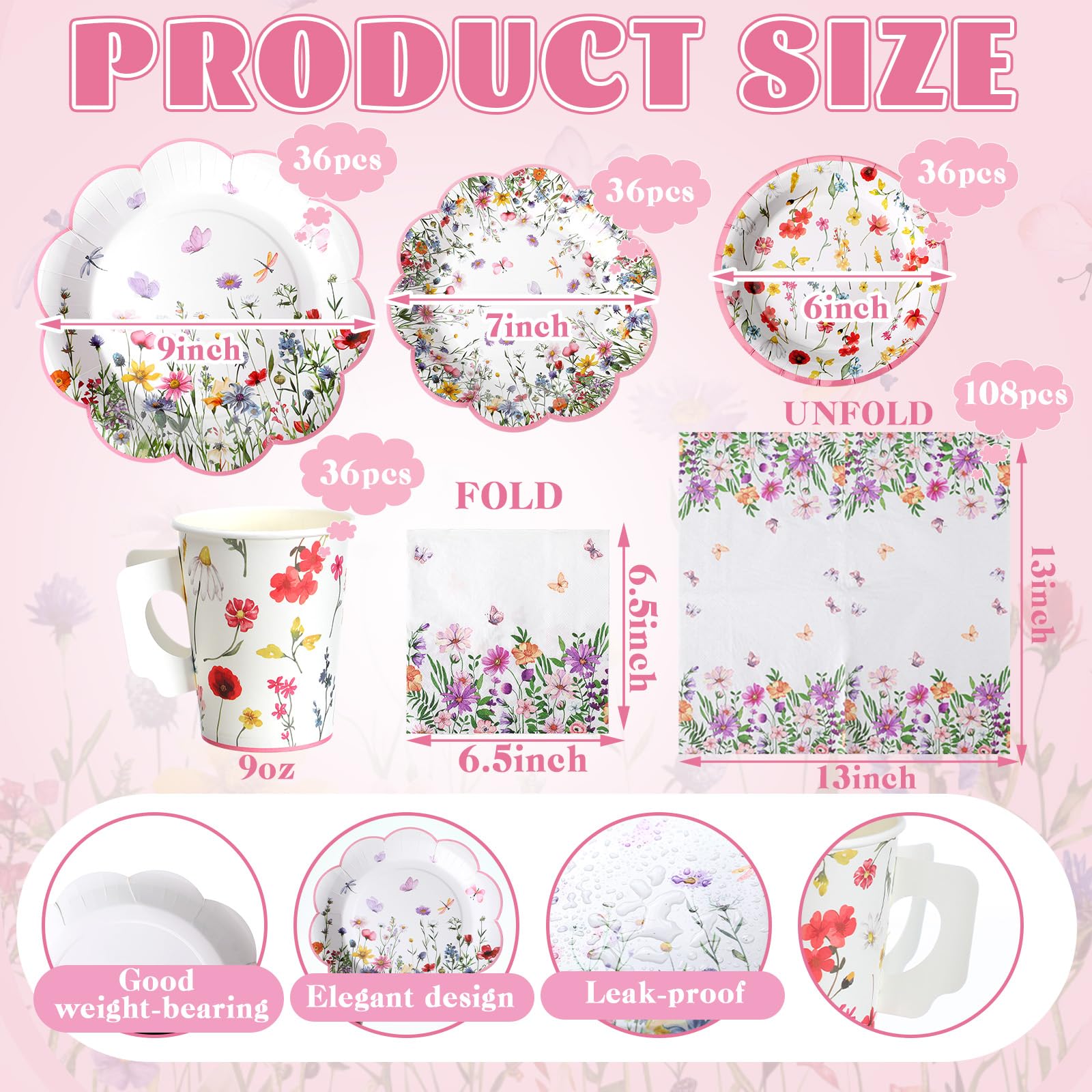Pickmesh 252 Pcs Floral Tea Party Supplies for 36 Guests Wildflower Paper Disposable Dinnerware Floral Teacups with Handle and Saucers Sets for Tea Party Decorations Birthday Baby Shower Wedding