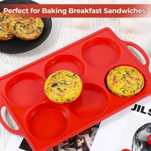 CAKETIME Non-Stick Muffin Top Pan - 4 Inch Silicone Baking Molds for English Muffins & Egg Bites | 3 Pack Red