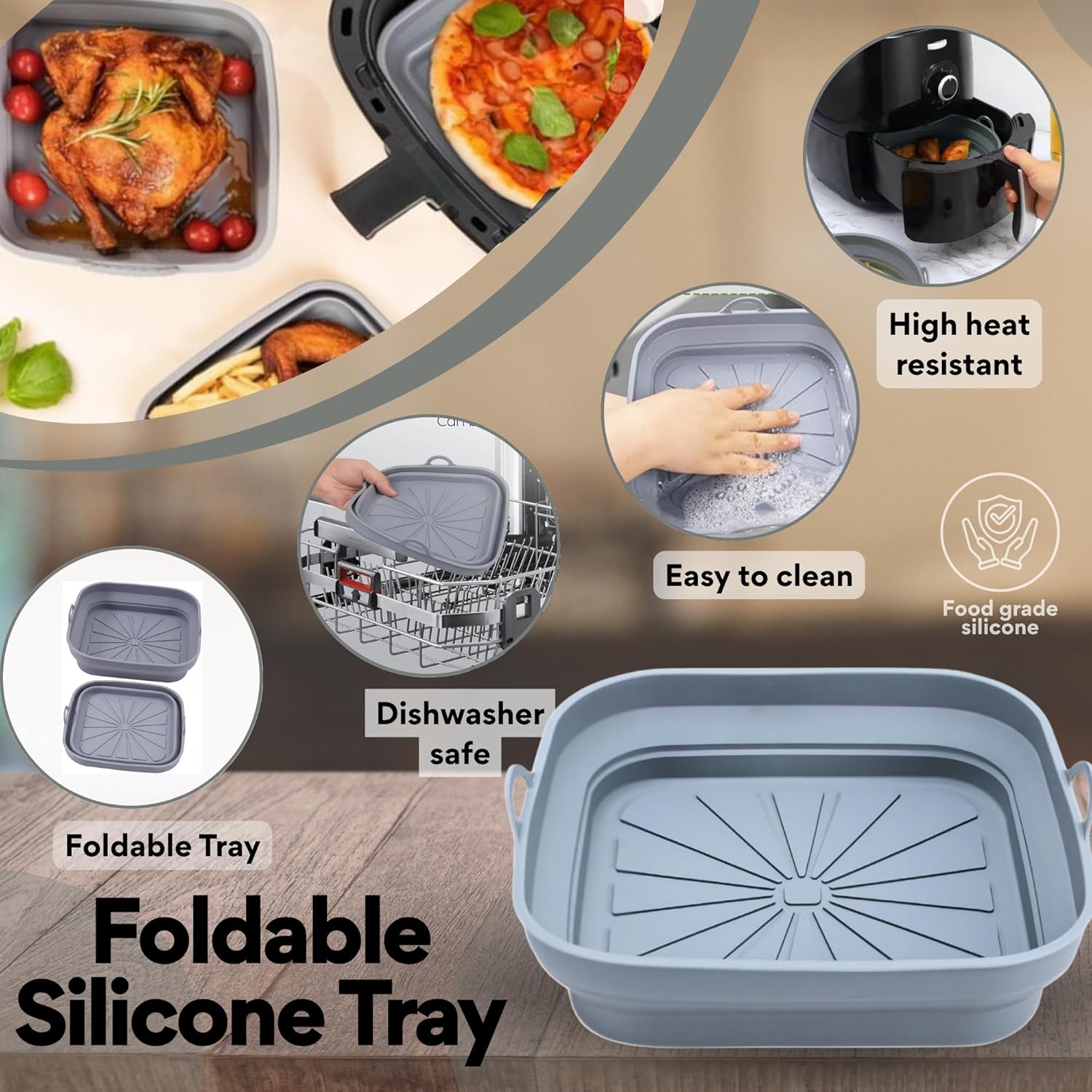 SAMIA 8 Inch Silicone Air Fryer Liners Set - 4 Piece Non-Stick, Dishwasher Safe Accessories with Basting Brush & Food Tong