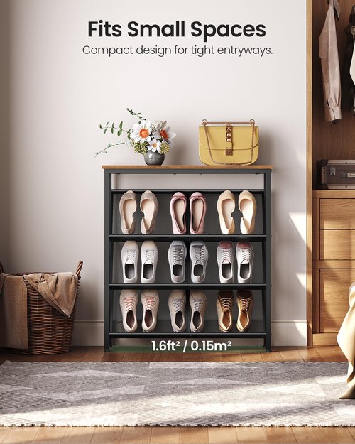 CHOEZON Shoe Rack, 4-Tier Slanted Shoe Storage Shelf, Narrow Shoe Rack for Entryway, Shoe Organizer with Adjustable Feet, Slim Shoe Shelf with Wooden Top and Metal Frame Rustic Brown and Black TXJ75BF