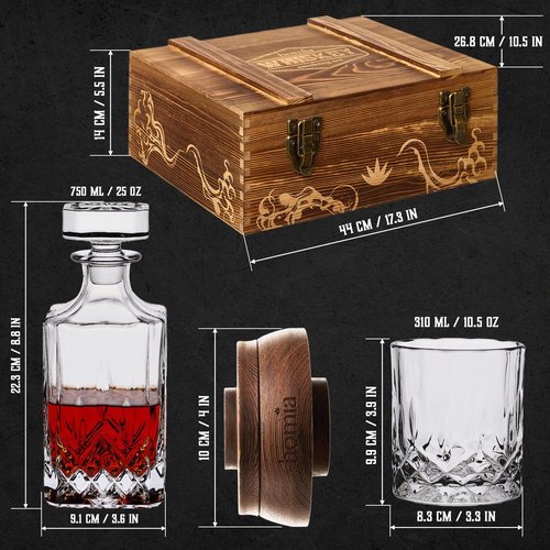 Whiskey Gift Set, 14 pcs - Whiskey Decanter + Wooden Smoker + Old Fashioned Glasses - 2 pcs, in Wooden Box with Wood Chips, Whiskey Stones 6 pcs Included - Gift for Men (Torch Not Included)