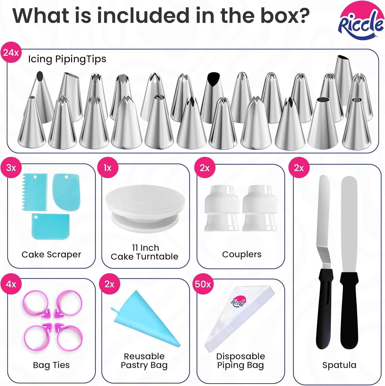 Riccle Cake Decorating Kit - 88 Pcs with Turntable, 50 Disposable Piping Bags, 24 Tips & More