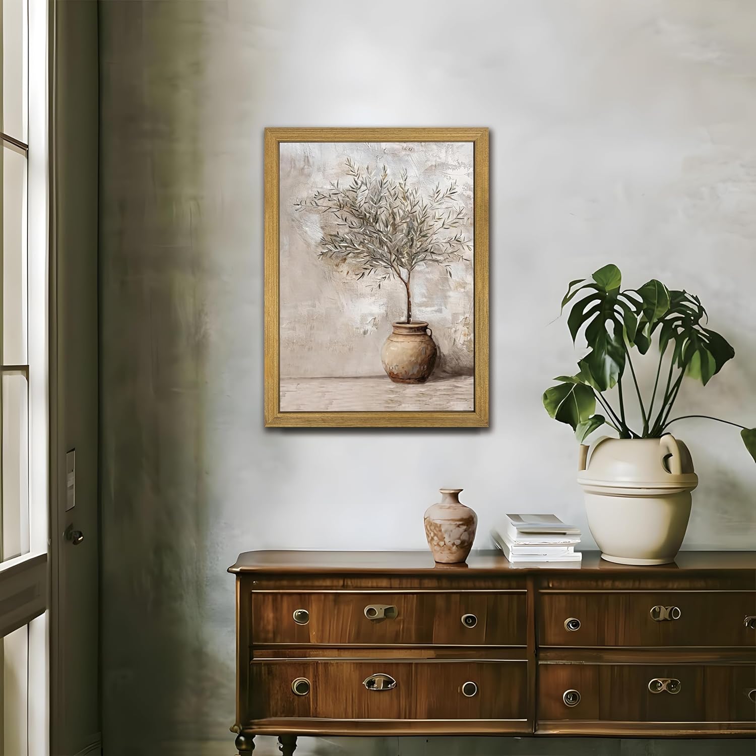 Vintage Olive Tree Canvas Wall Art - Rustic Potted Plant Decor | 12x16 Inch Framed Oil Painting for Farmhouse Aesthetic