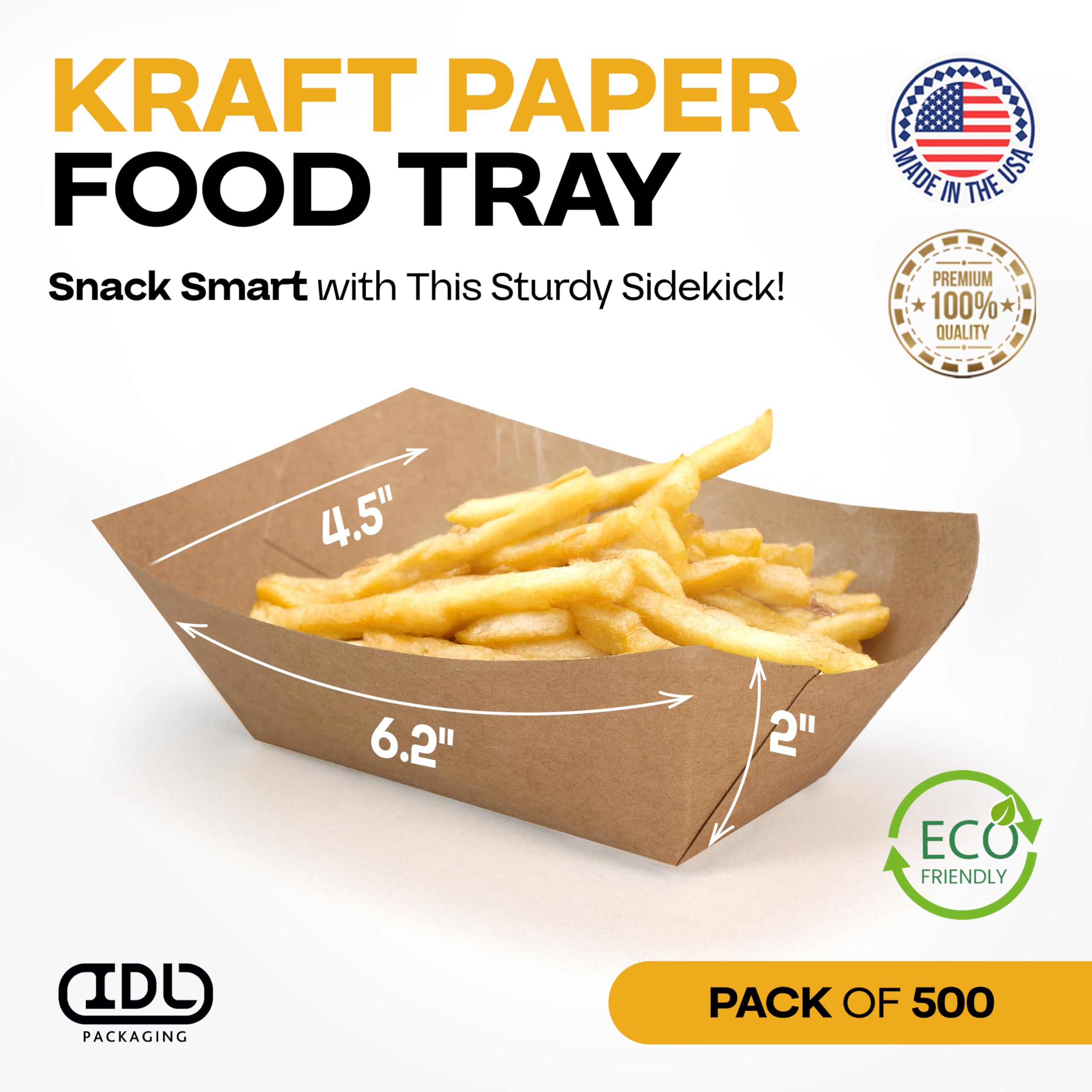 IDL Packaging 6.2" x 4.5" x 2" Kraft Paper Food Trays (Pack of 500) - USA-Made, Food-Safe Poly-Coated for Extra Moisture Resistance - Recyclable Trays for Fries, Burgers, Appetizers & Side Dishes