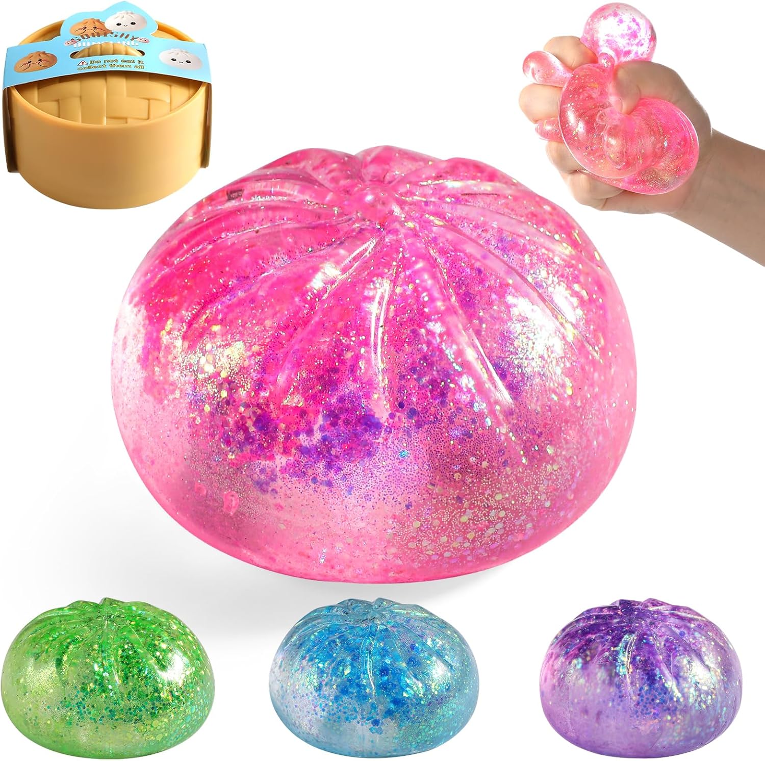 Sugar Dumpling Squishy - Glitter Bao Bun Stress Relief Fidget Toy | Mystery Box (Pink)