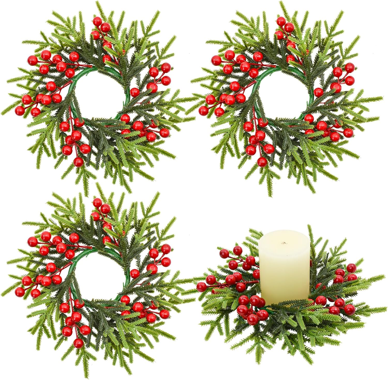 Skiennix Christmas Candle Rings - Festive Red Berries & Pine Needle Wreaths | 4PCS Holiday Decor