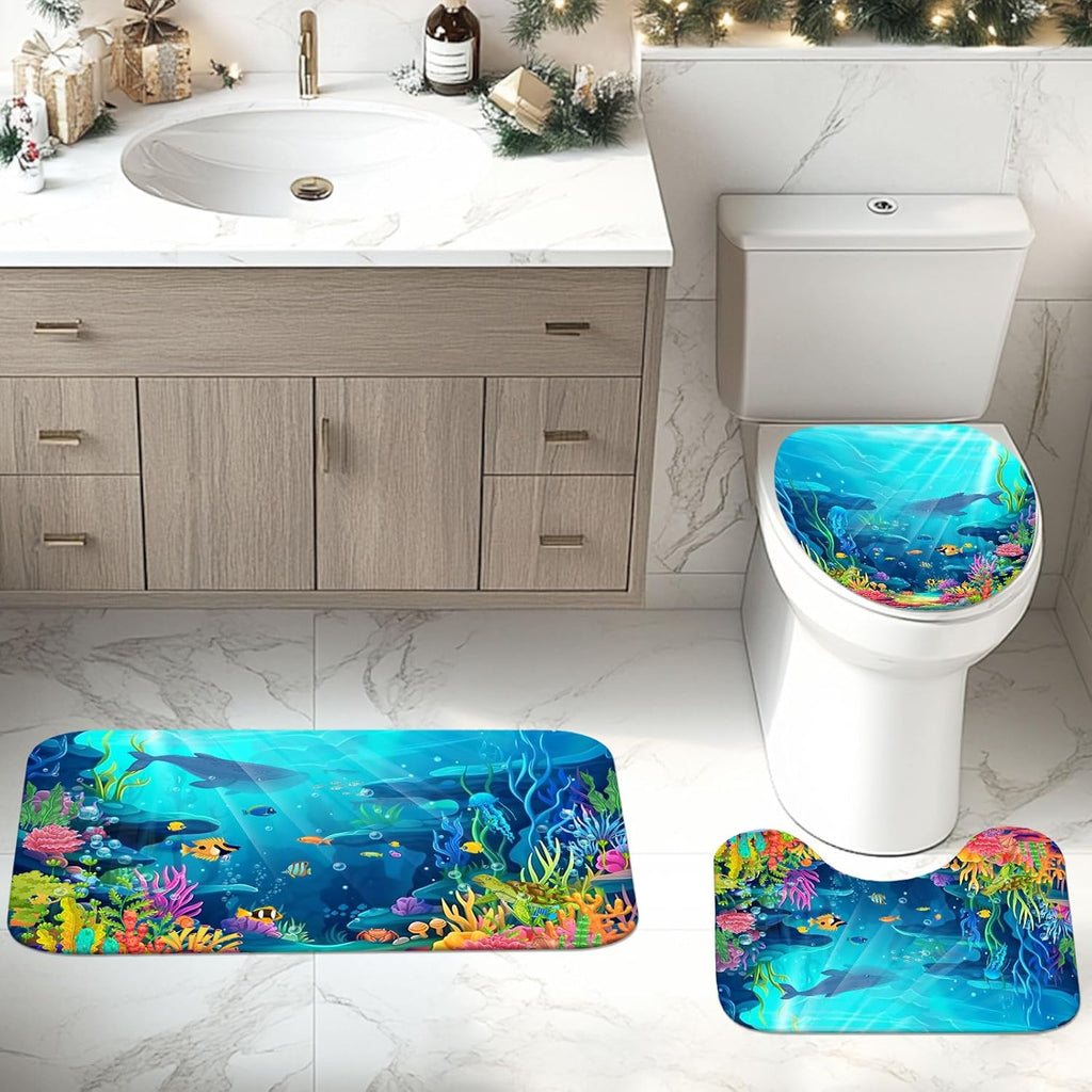 Skiennix Ocean Shower Curtain Set - Tropical Underwater World Design with Non-Slip Bath Rugs | 4-Piece Kids Bathroom Decor