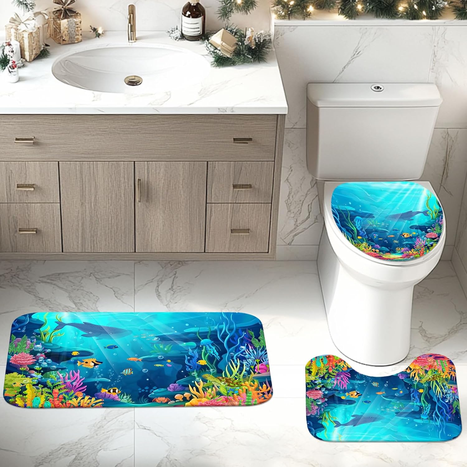 Skiennix Ocean Shower Curtain Set - Tropical Underwater World Design with Non-Slip Bath Rugs | 4-Piece Kids Bathroom Decor