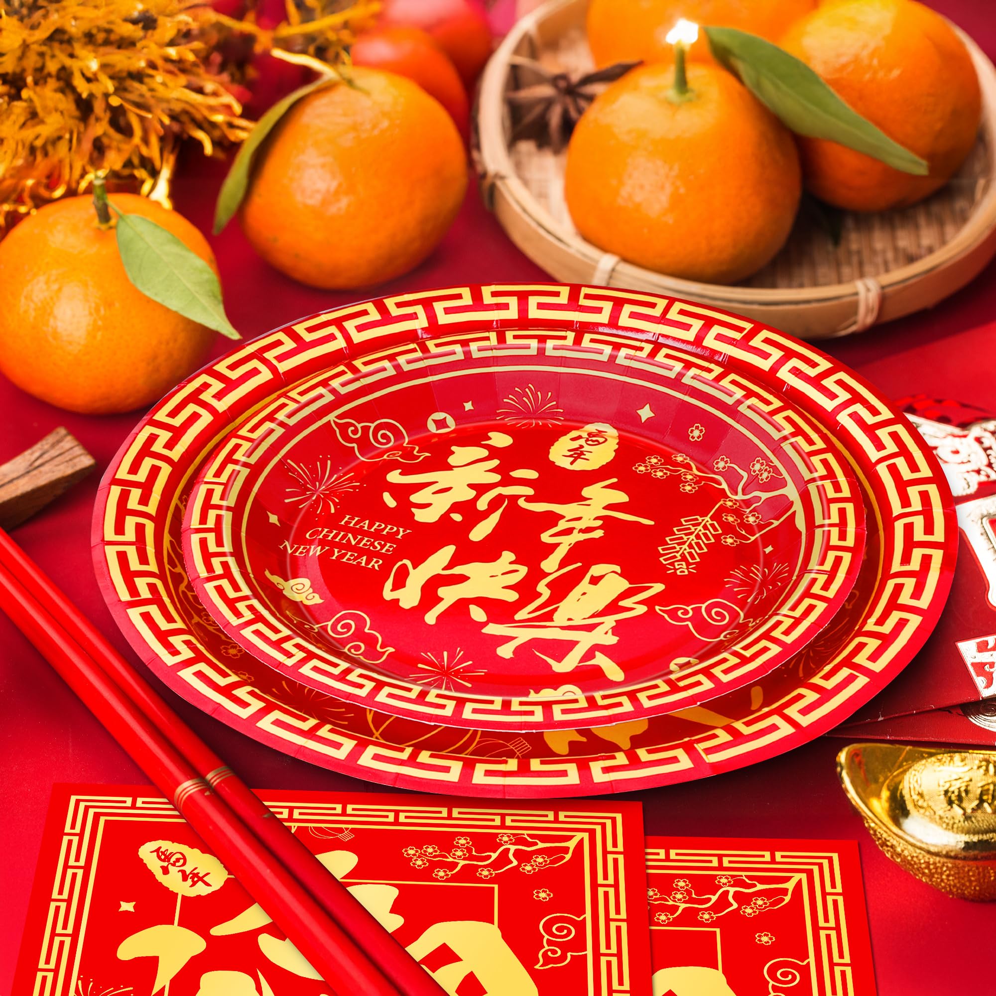 QZYL 150 PCS Lunar New Year Decorations 2026, Disposable Chinese New Year Plates and Napkins, Red Paper Plates, Serve for 50 Spring Festival Party Supplies Chinese Year of the Horse Cutlery