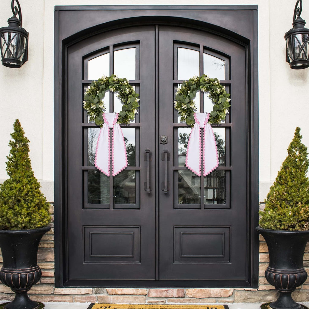 Skiennix Scalloped Wreath Sash - Elegant Ruffle Ribbon Bow for Front Door Decor | White & Pink Set of 2
