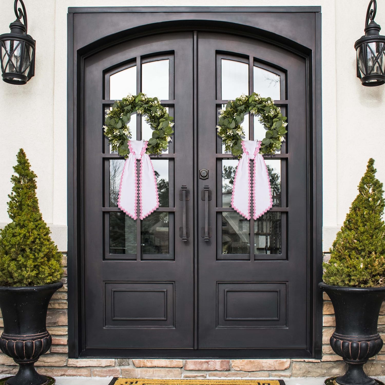 Skiennix Scalloped Wreath Sash - Elegant Ruffle Ribbon Bow for Front Door Decor | White & Pink Set of 2