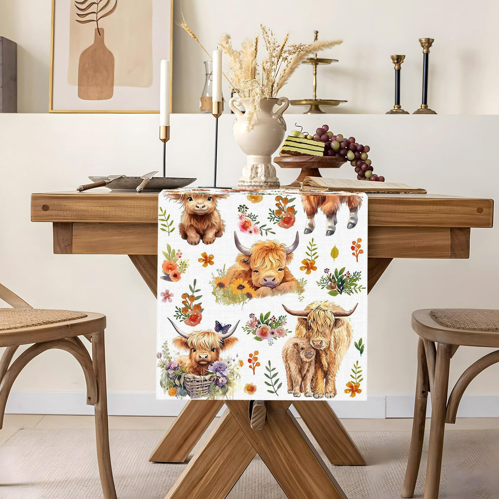 Heyfary Highland Cow Table Runner Spring Summer Fall Cowgirl Cowboy Floral Western Birthday Party Decorations Home Kitchen Dining Room Table Decor