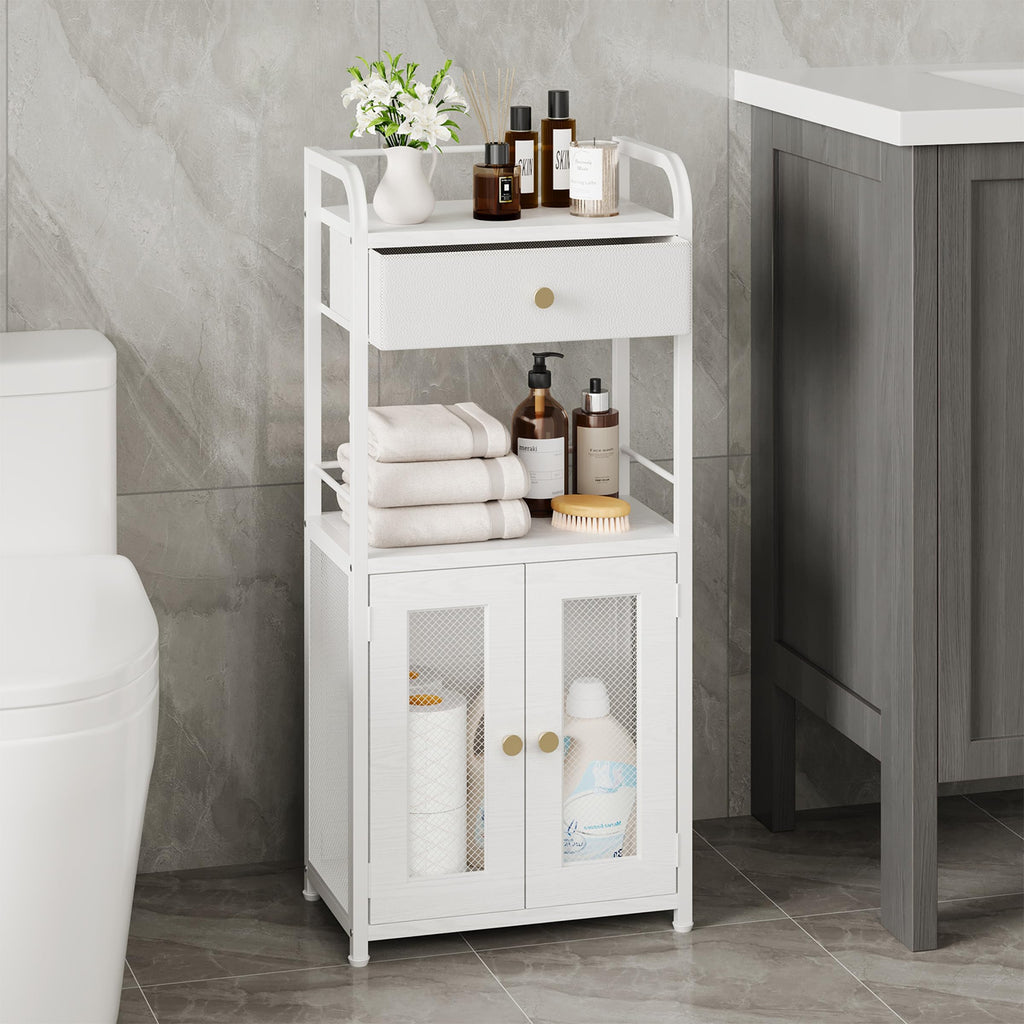 SWTYMIKI 14.57"x32.28" Bathroom Storage Cabinet – Freestanding Toilet Paper Storage with Doors & Drawer, Bathroom Organizers and Storage for Small Spaces, Laundry Room, Ideal for Towels, White