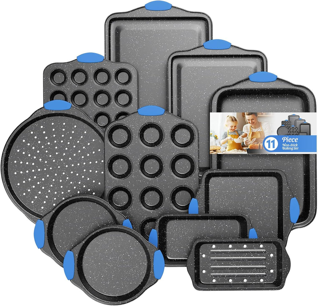 Skiennix 11-Piece Professional Baking Set - Oven-Safe Nonstick Cookware with Cool-Touch Handles | Black & Blue
