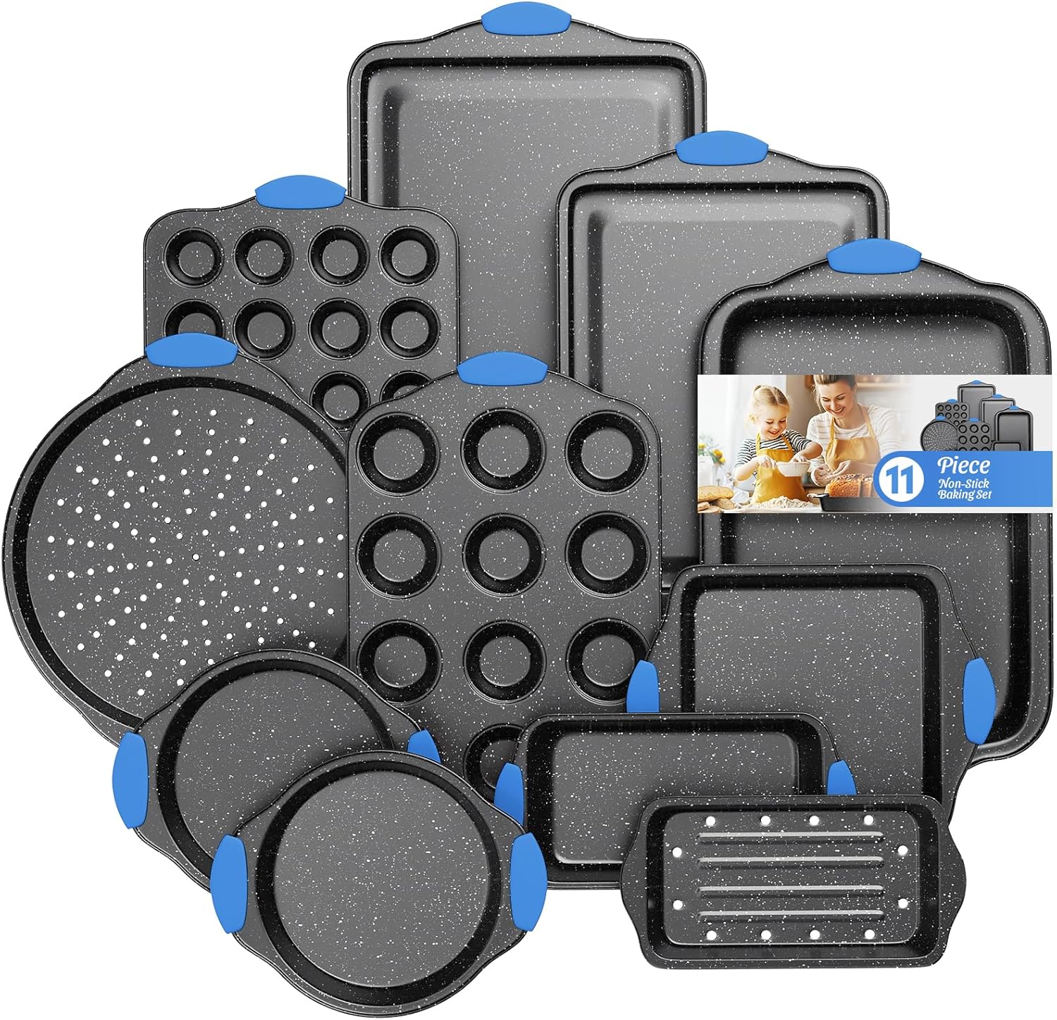 Skiennix 11-Piece Professional Baking Set - Oven-Safe Nonstick Cookware with Cool-Touch Handles | Black & Blue