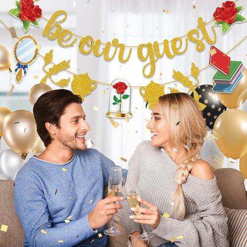 Gold Be Our Guest Banner, Glitter Cartoon Princess Birthday banner Cartoon Theme Party Banner Baby Shower Birthday Party Decorations For Girls Boys