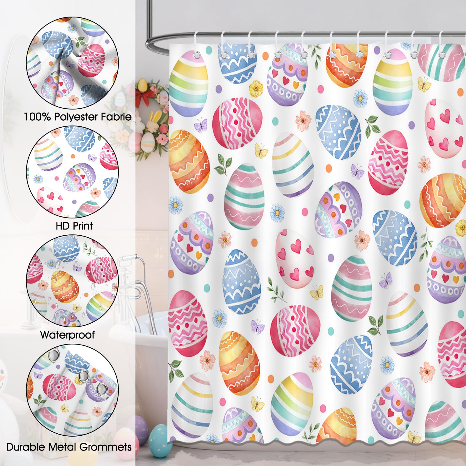 Mocsicka Easter Eggs Shower Curtain Happy Easter Bathroom Shower Curtain Spring Holiday Waterproof Fabric Shower Curtains Bathtub Decor with 12 Hooks 72 X 72 Inches
