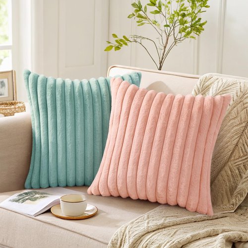 Pallene Faux Fur Plush Throw Pillow Covers 18x18 Set of 2, Luxury Soft Fluffy Striped Decorative Pillow Covers for Sofa, Couch, Living Room, Aqua