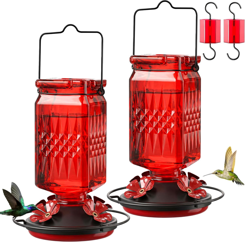 Skiennix 20oz Glass Hummingbird Feeder - Outdoor Hanging Design with Bee Guard & Ant Moat, Red (2 Pack)
