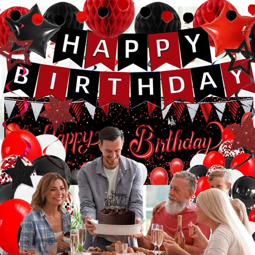 Red Black Birthday Decorations, Happy Birthday Banner, Backdrop, Balloons, Honeycomb Balls, Star Foil Balloons, Stars Hanging Swirls & Cake Topper for Baby Boys Girl Men Women Birthday Decoration