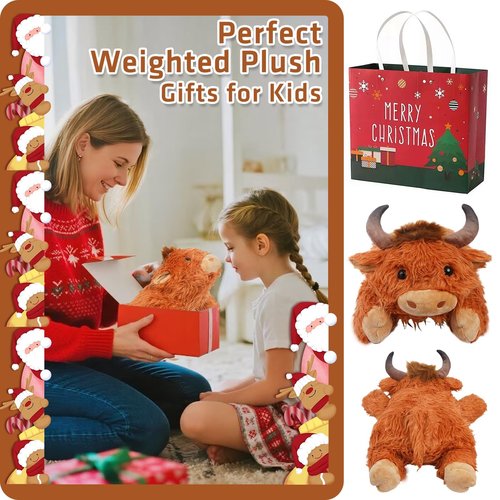 Ecolley Weighted Highland Cow Stuffed Animals for Kids Cuddle Animals Plush Toy for Teens Adults Large Brown Kawaii Plushies Pillow with Soft Fur (20" 3.5 Pound)