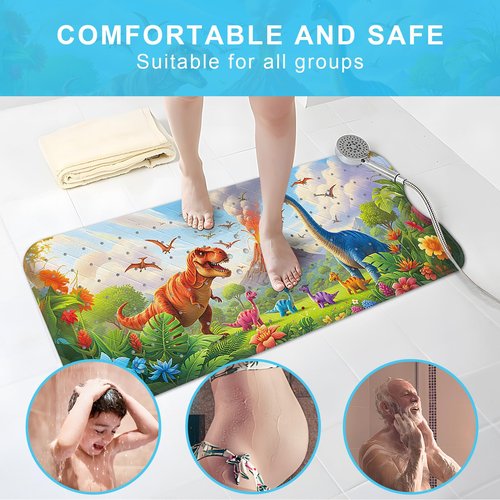 Upgrade Cartoon Baby Bath Mat Non Slip - 40"x16" Extra Long Bathtub Mat for Baby Eco Friendly Durable Bath Mat for Tub Non Slip Kids Tub Mat with Suction Cups, Machine Washable and No Fading, Dinosaur