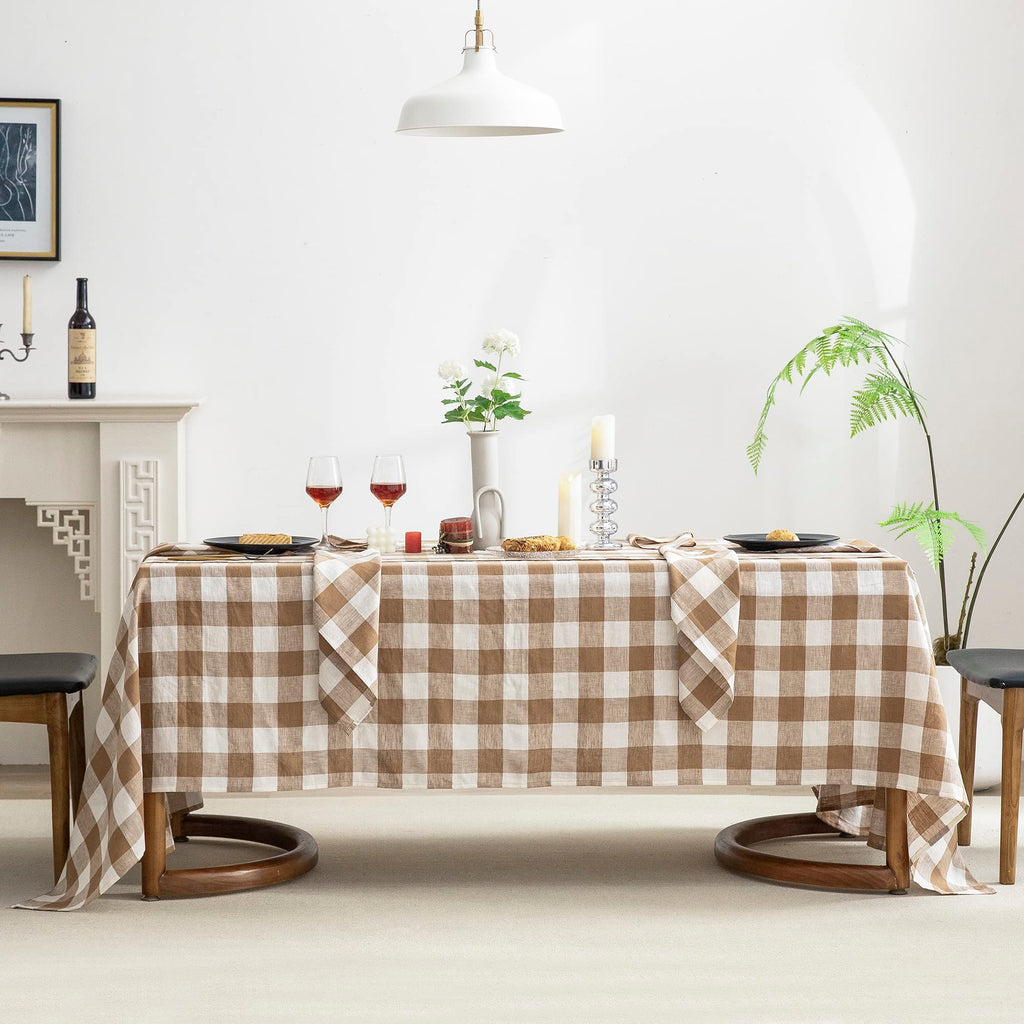 EVERLY 100% Yarn-Dyed Linen Rectangle Tablecloths 60x144Inches for Dining,Buffet Parties,Picnic,Events and Restaurants,Decorative Halloween,Thanksgiving Machine Washable Tablecloths-Brown Plaid