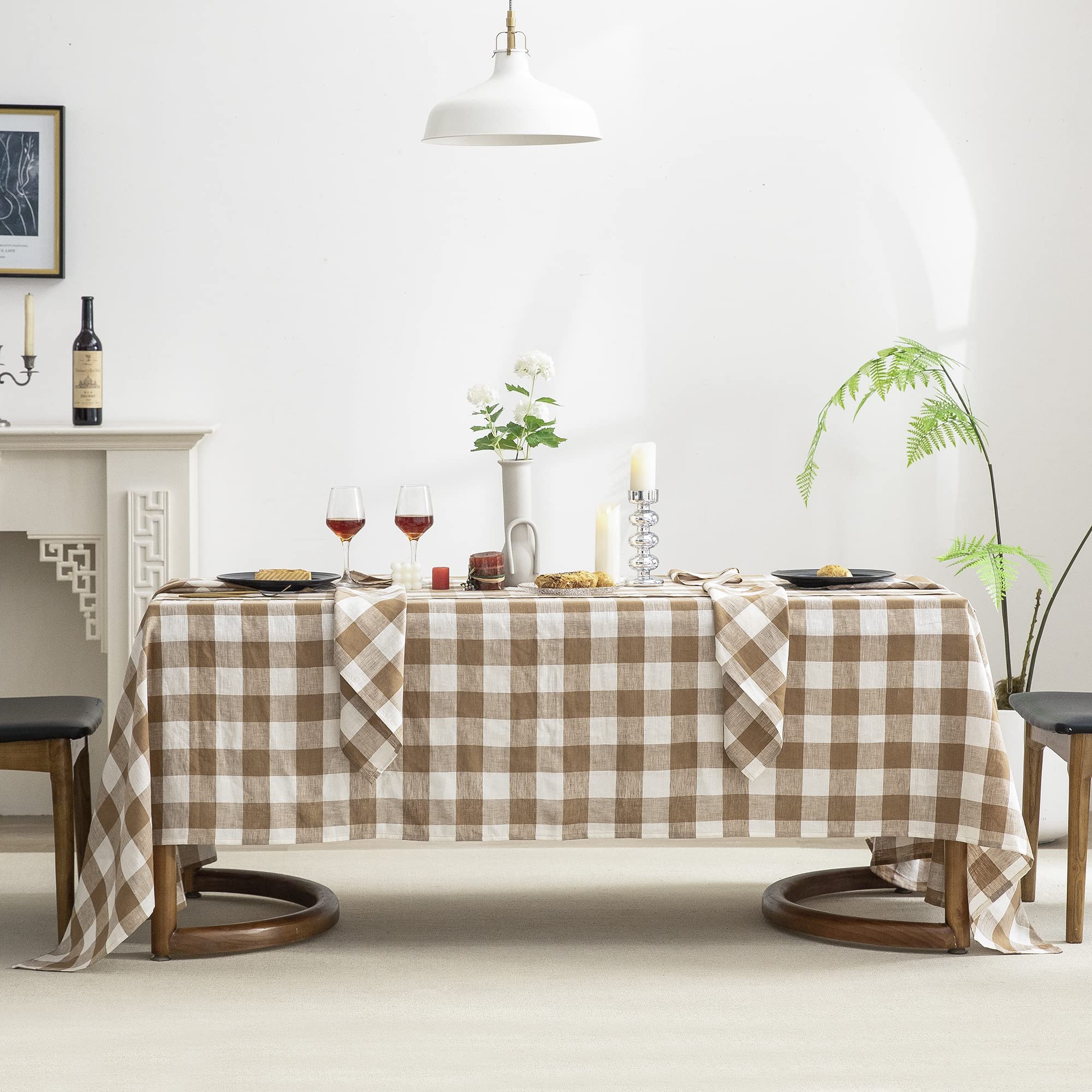 EVERLY 100% Yarn-Dyed Linen Rectangle Tablecloths 60x144Inches for Dining,Buffet Parties,Picnic,Events and Restaurants,Decorative Halloween,Thanksgiving Machine Washable Tablecloths-Brown Plaid