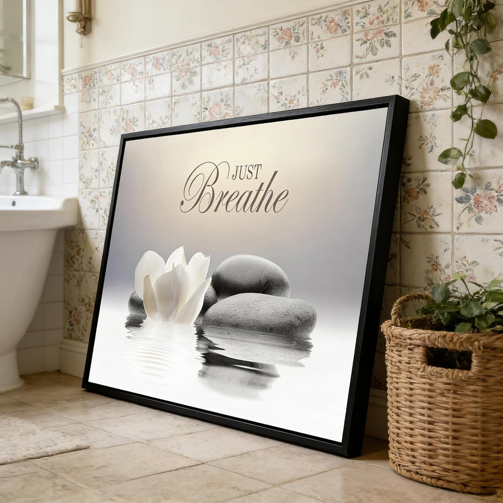 MKCIPJWC Zen Stone Wall Art - Just Breathe Yoga Quotes Canvas Print | White Lotus Flower, 12x16 Inch