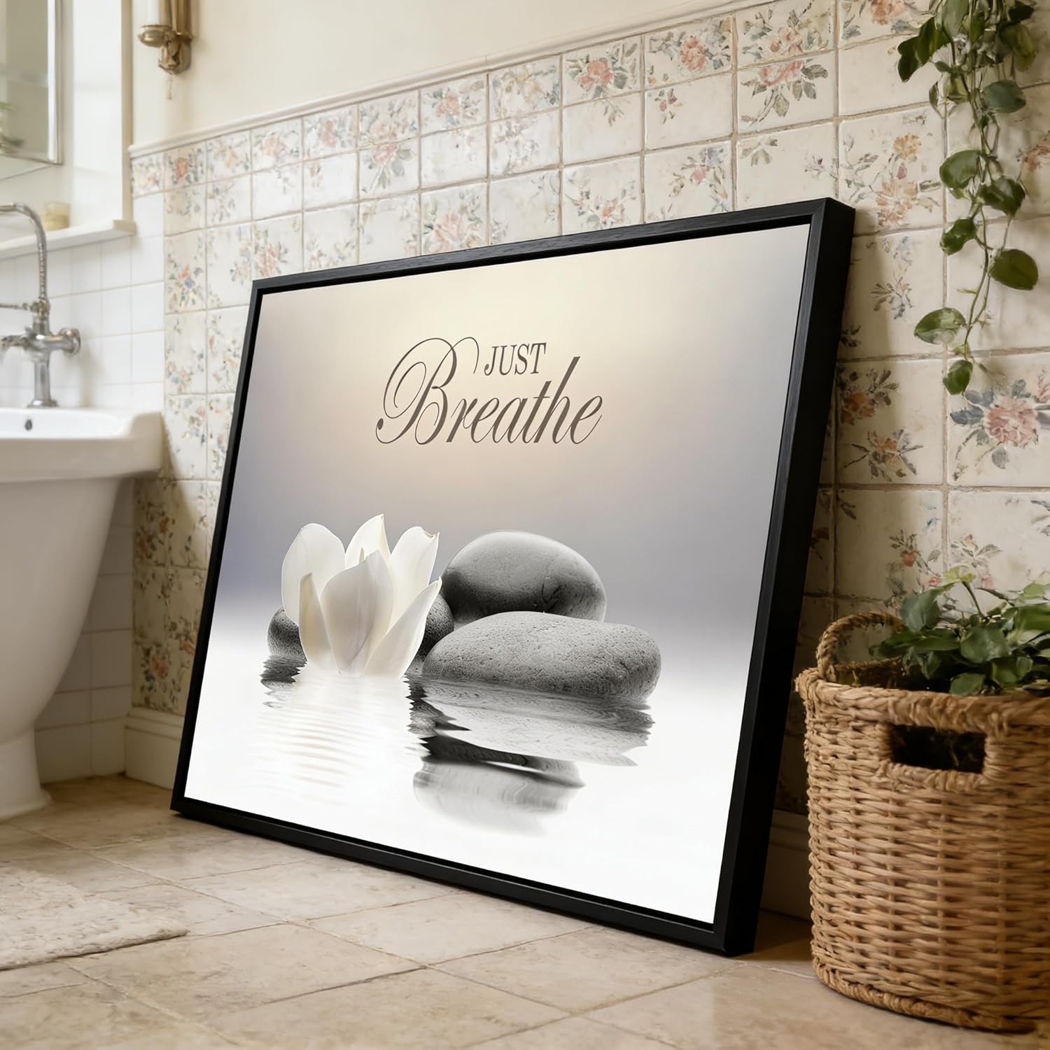 MKCIPJWC Zen Stone Wall Art - Just Breathe Yoga Quotes Canvas Print | White Lotus Flower, 12x16 Inch