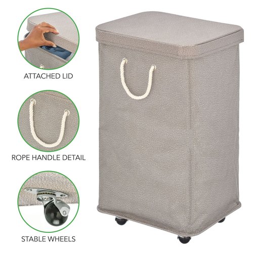 mDesign Large Polyester Rolling Laundry Hamper with Wheels, Removable Lid, and Rope Carrying Handles - Collapsible Hampers with Wheels for Compact Storage - Tall Single Compartment Basket - Taupe