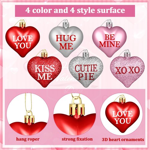 60 Pcs Valentine's Day Heart Hanging Ornaments Red Pink Sliver Glitter Tree Hanging Decorations Valentine Baubles Romantic Love XOXO Hug Me Tree Padent for Wedding Anniversary Decorations, 6 Styles