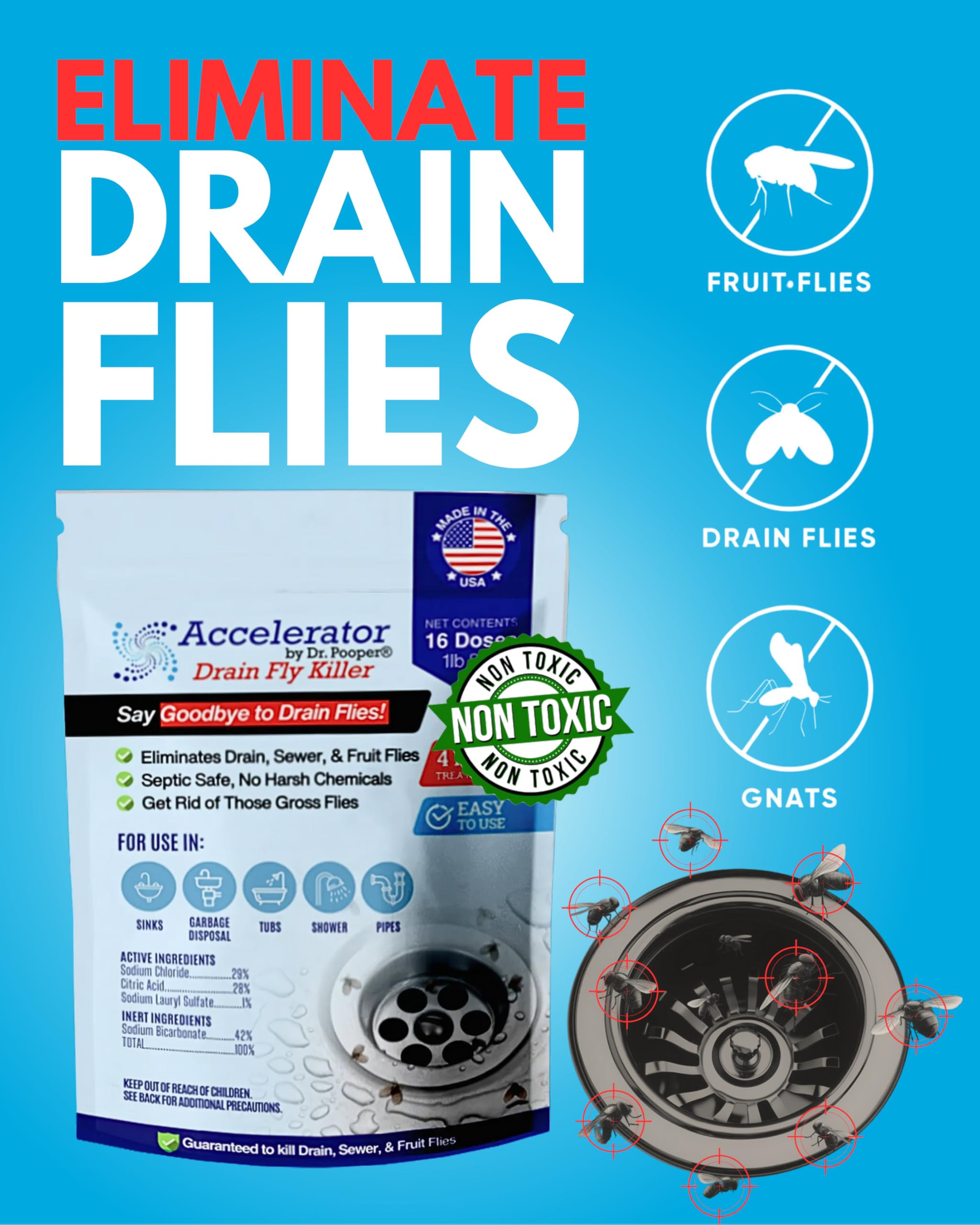 Drain Fly Killer Powder – Eliminates Drain Flies & Sewer Flies in Drains, Sinks, Showers – Fast-Acting Treatment - Septic Safe & Made in USA