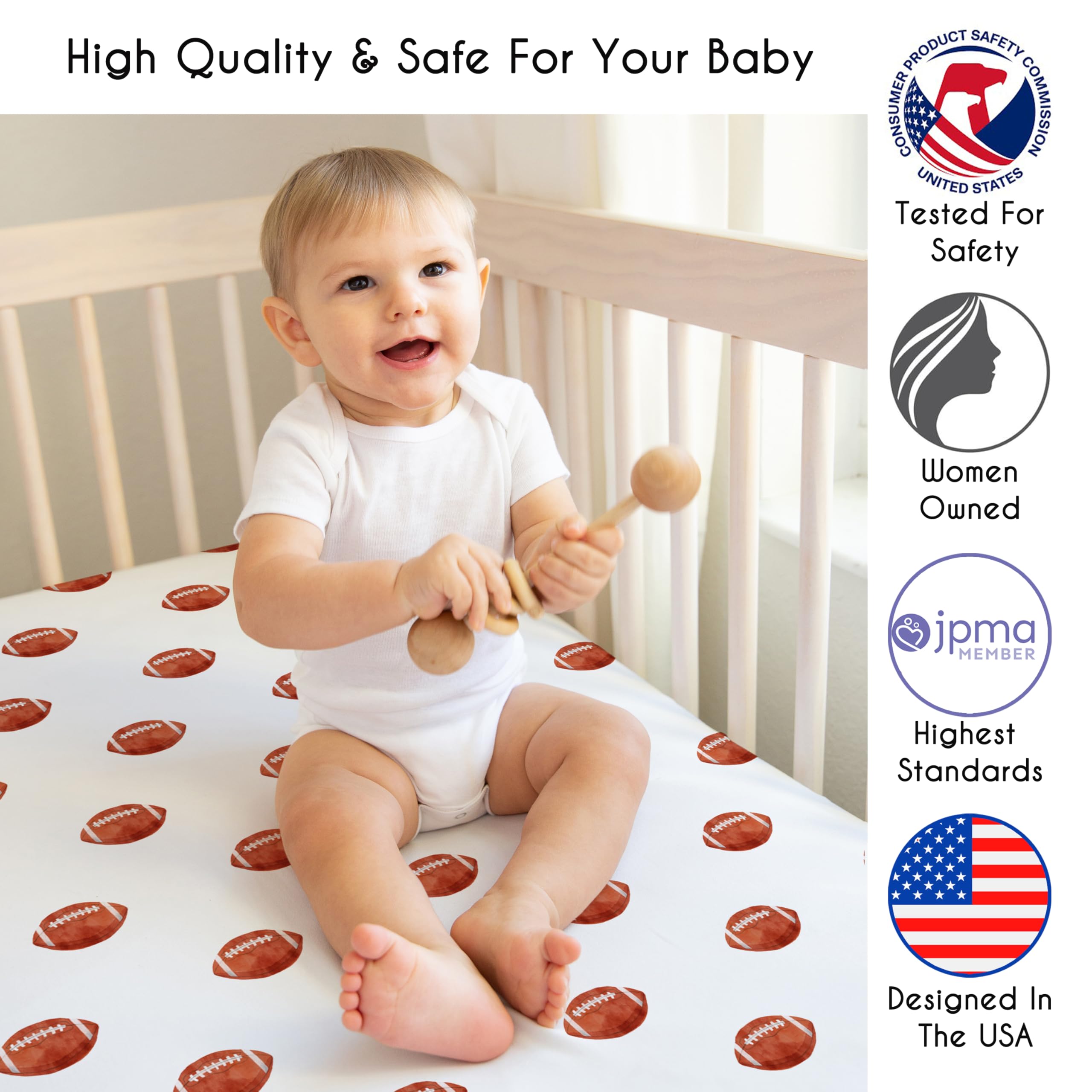 Sweet Jojo Designs Fitted Baby Crib Sheets (Football) for Boys, Infant Nursery, Toddler Room - Standard Size (Brown & White Sports Balls for The Classic, Watercolor, Vintage Sport Theme Collection)