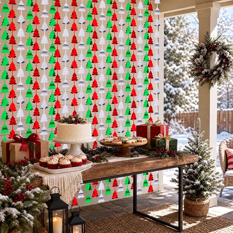Mega-L 2 Pack Christmas Foil Fringe Curtains - 3.3 x 6.6 ft Tree Shaped Backdrop, Red-Silver-Green, Variation Red Silver Green+2 Pack