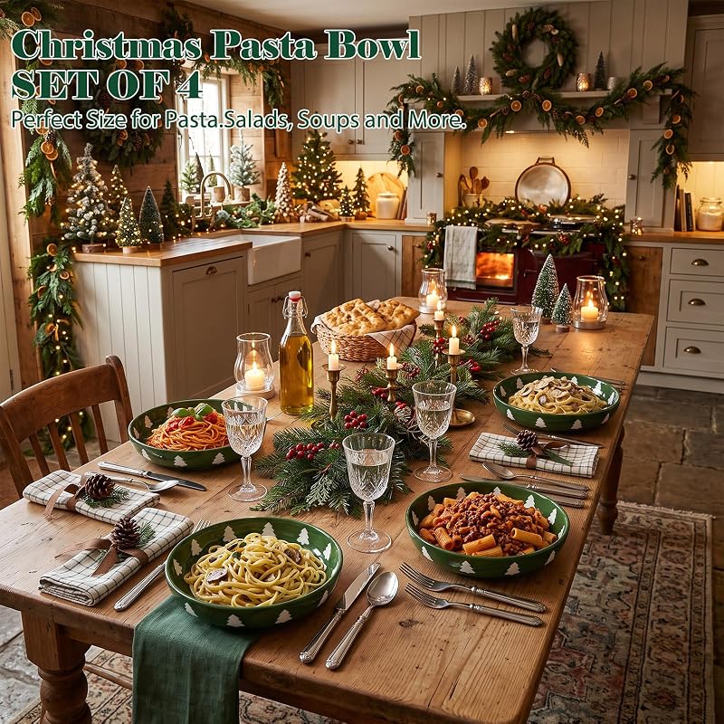 Christmas Tree Ceramic Pasta Bowls Set of 4 – Green with White Tree Pattern, 40 oz
