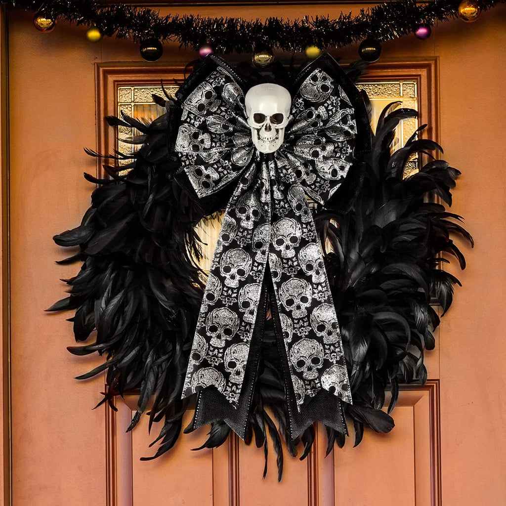 Skull Gothic Decor - Halloween Wreath Bow | Glittering Silver & Black Burlap, Perfect for Fall Outdoor Decor