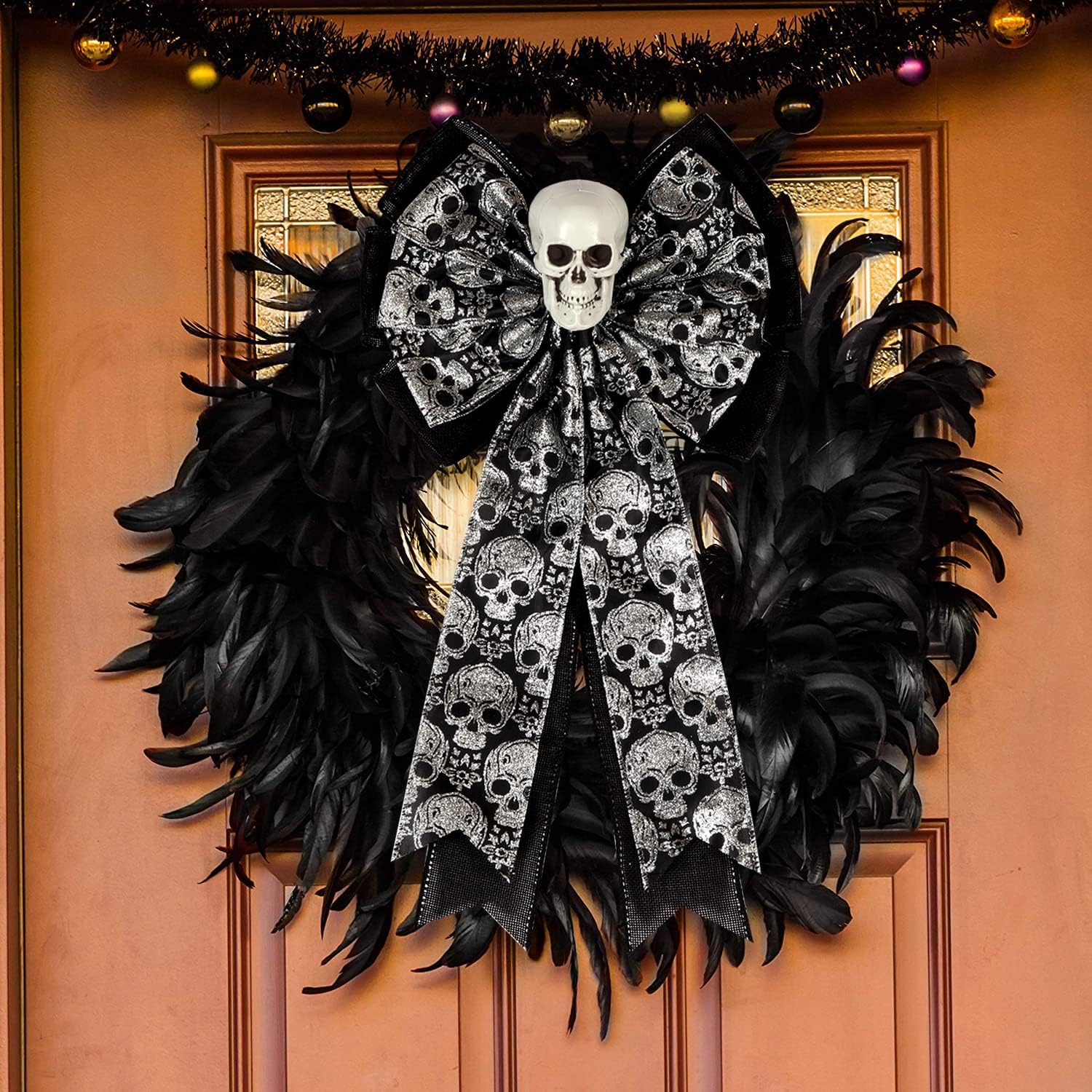 Skull Gothic Decor - Halloween Wreath Bow | Glittering Silver & Black Burlap, Perfect for Fall Outdoor Decor